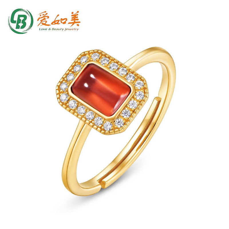 轻奢红石榴石枕形开口戒指女复古森女S925银渡18K金PT950铂金指环