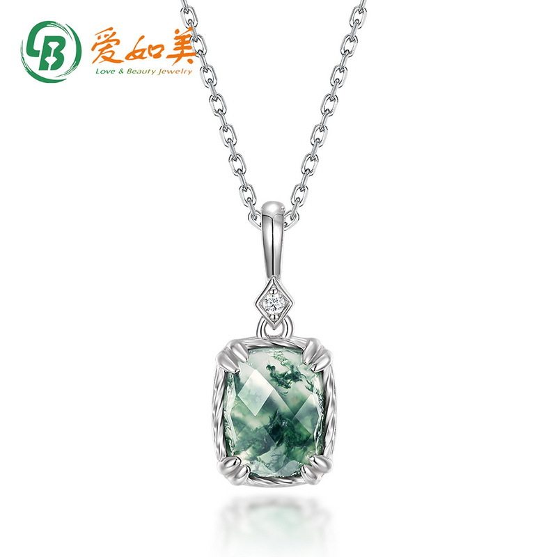 简约绿苔藓吊坠S925银渡18K金PT950铂金复古小香风水草玛瑙项链