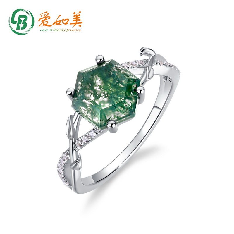 新款几何天然水草玛瑙戒指女S925银渡18K金PT950铂金绿苔藓石指戒