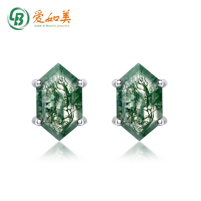 几何水草玛瑙个性耳钉女S925银渡18K金PT950铂金绿苔藓石耳饰简约