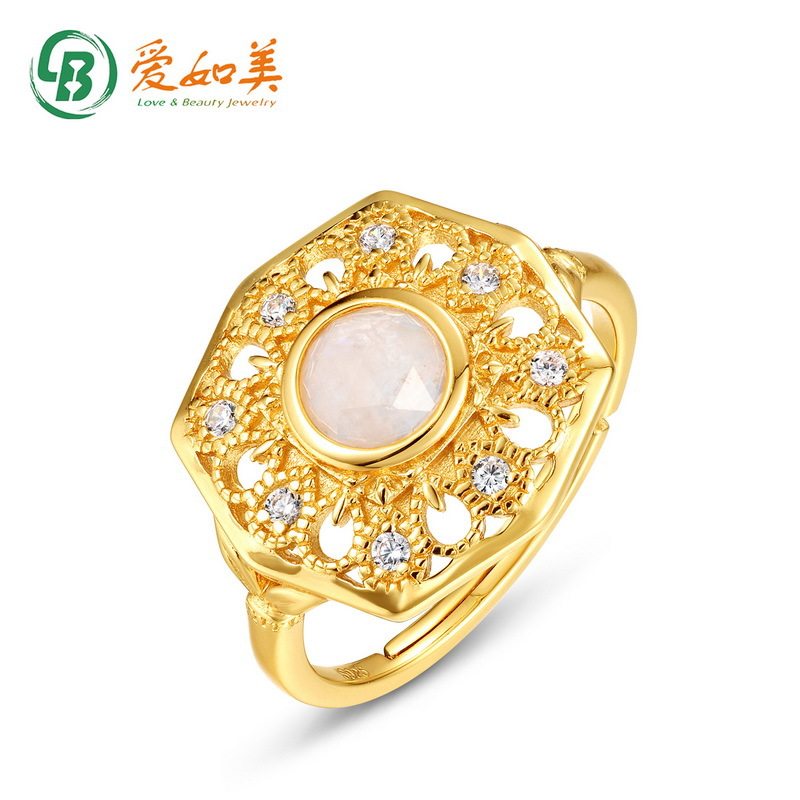 珠宝天然月光石戒指绽放向日葵精致S925银渡18K金PT950铂金戒子