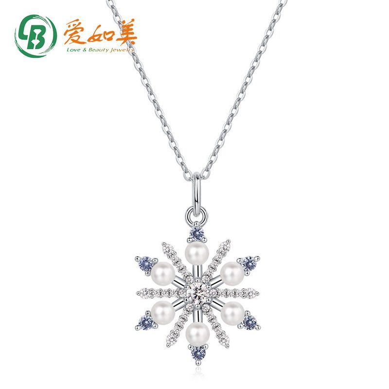 时尚简约雪花S925银渡18K金PT950铂金项链甜美气质珍珠吊坠锁骨链