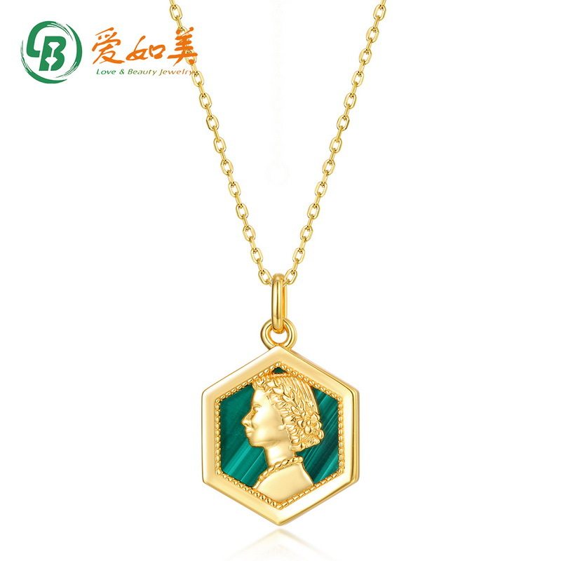 复古S925银渡18K金PT950铂金项链古典浮雕女王头孔雀石吊坠锁骨链
