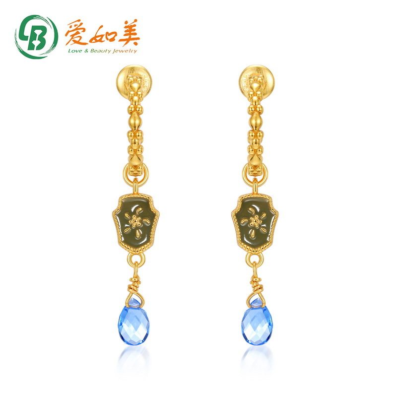 新款勿忘我花纹耳环S925银渡18K金PT950铂金合成蓝水晶长款耳钉