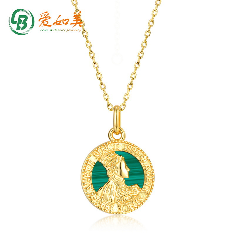 新款古董硬币头像项链女士复古孔雀石S925银渡18K金PT950铂金吊坠
