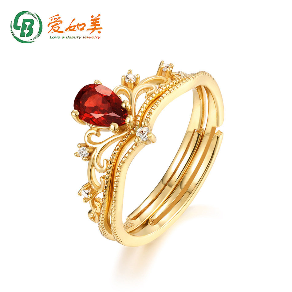 S925银渡18K金PT950铂金宫廷复古日系指环女石榴石开口皇冠戒指