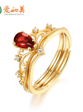 S925银渡18K金PT950铂金宫廷复古日系指环女石榴石开口皇冠戒指