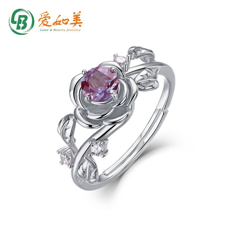 时尚流行亚历山大石玫瑰花戒指设计S925银渡18K金PT950铂金戒指