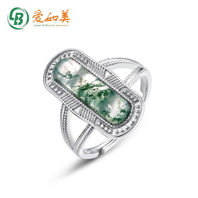 新款大气夸张几何绿苔藓戒指时尚简约S925银渡18K金PT950铂金指环