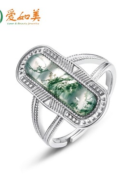 新款大气夸张几何绿苔藓戒指时尚简约S925银渡18K金PT950铂金指环