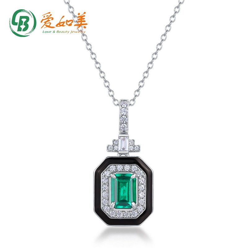 简约几何培育祖母绿项链S925银渡18K金PT950铂金培育彩宝锁骨链