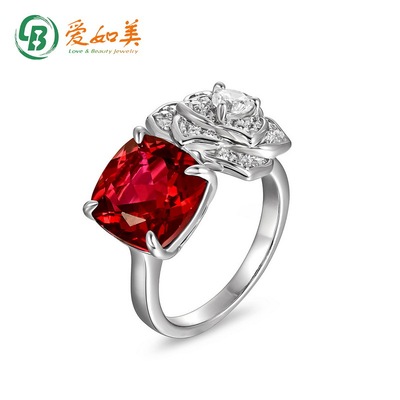 新品高级S925银渡18K金PT950铂金镶培育红宝戒指轻奢风玫瑰食指戒