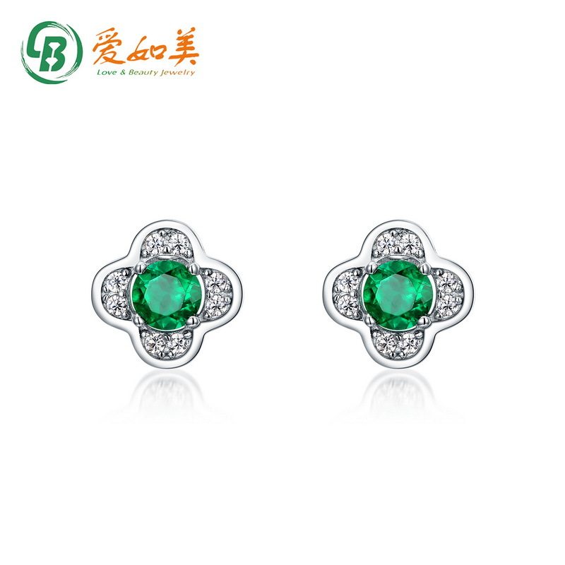 新品S925银渡18K金PT950铂金培育祖母绿耳钉女高级感四叶草耳饰