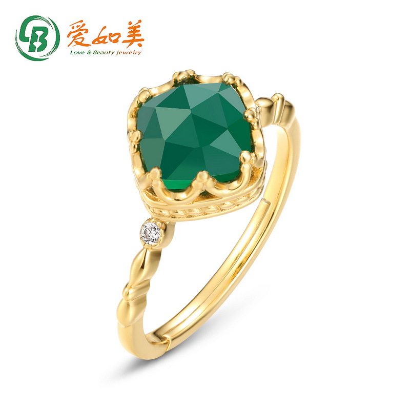 绿玛瑙蕾丝戒指女士宫廷绿色S925银渡18K金PT950铂金戒指