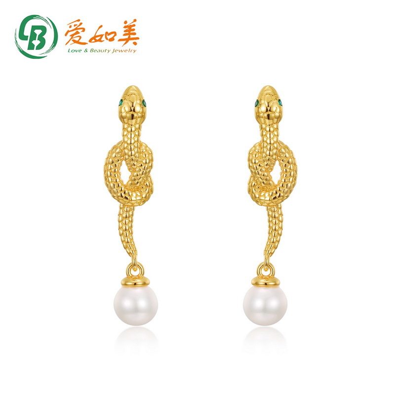 新款时尚S925银渡18K金PT950铂金蛇形珍珠耳环女个性简约长款耳钉