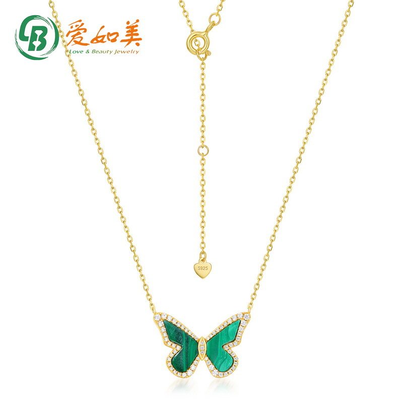 个性时尚简约蝴蝶孔雀石项链S925银渡18K金PT950铂金项链女小清新