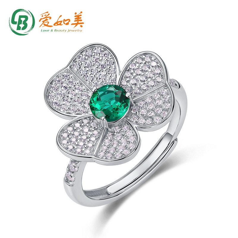 S925银渡18K金PT950铂金韩国简约风三花朵祖母绿戒指女开口可调节