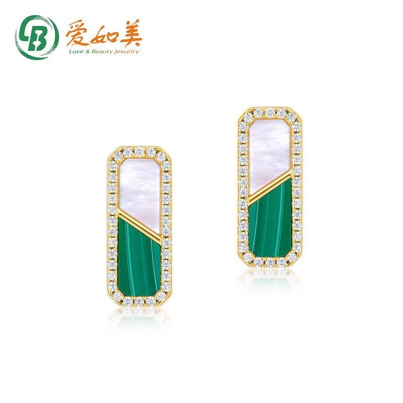几何方块孔雀石耳钉女S925银渡18K金PT950铂金白贝耳钉时尚流行