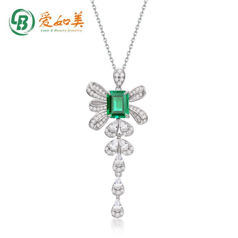 轻奢风蝴蝶结流苏培育祖母绿项链S925银渡18K金PT950铂金镀金项链