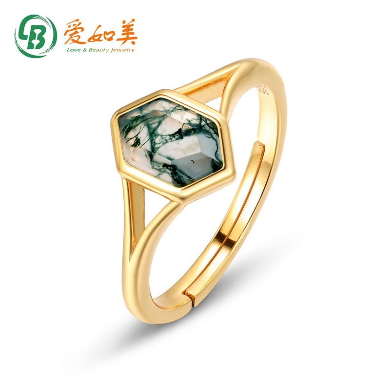 简约几何水草玛瑙戒指时尚流行S925银渡18K金PT950铂金绿苔藓戒指