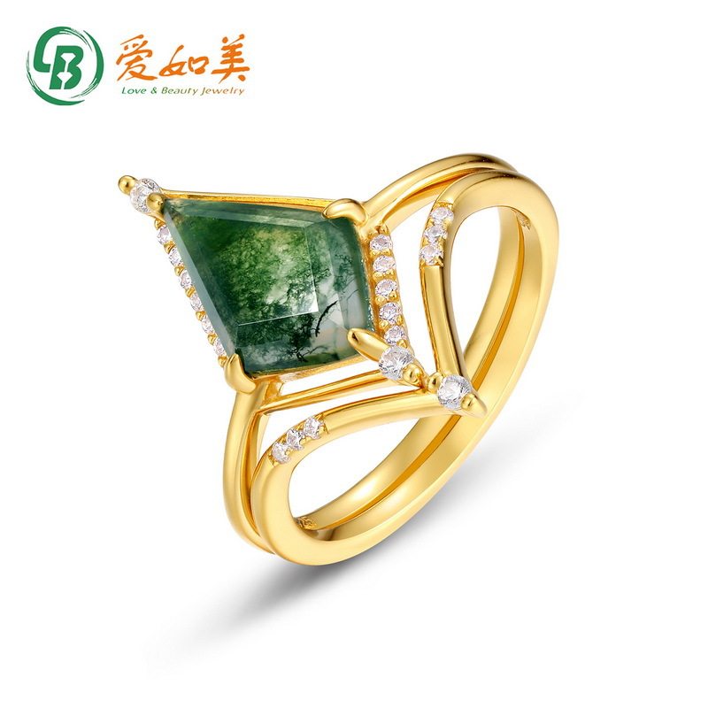 新款个性几何绿苔藓戒指ins风S925银渡18K金PT950铂金套戒叠戴戒