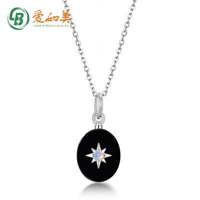 简约几何黑玛瑙吊坠女S925银渡18K金PT950铂金合成欧泊吊坠锁骨链