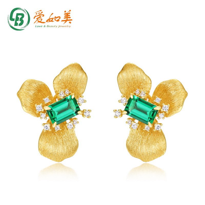 复古拉丝培育祖母绿耳钉S925银渡18K金PT950铂金镀金耳环小众耳饰