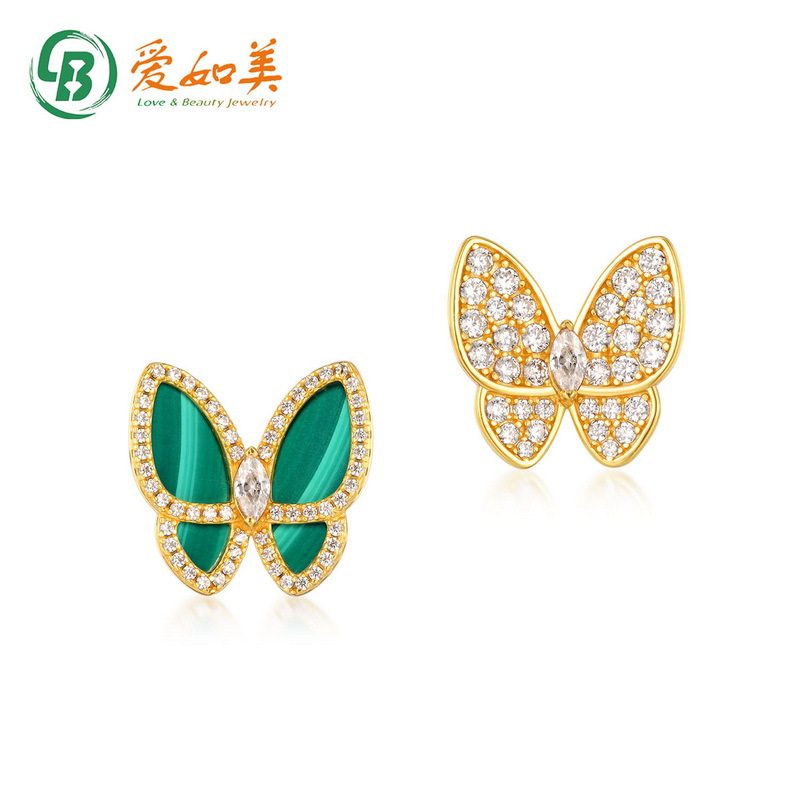 个性韩版不对称蝴蝶耳环时尚S925银渡18K金PT950铂金孔雀石耳环