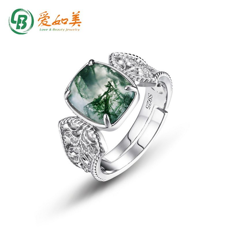 新款S925银渡18K金PT950铂金绿苔藓开口戒指水草玛瑙指戒轻奢时尚