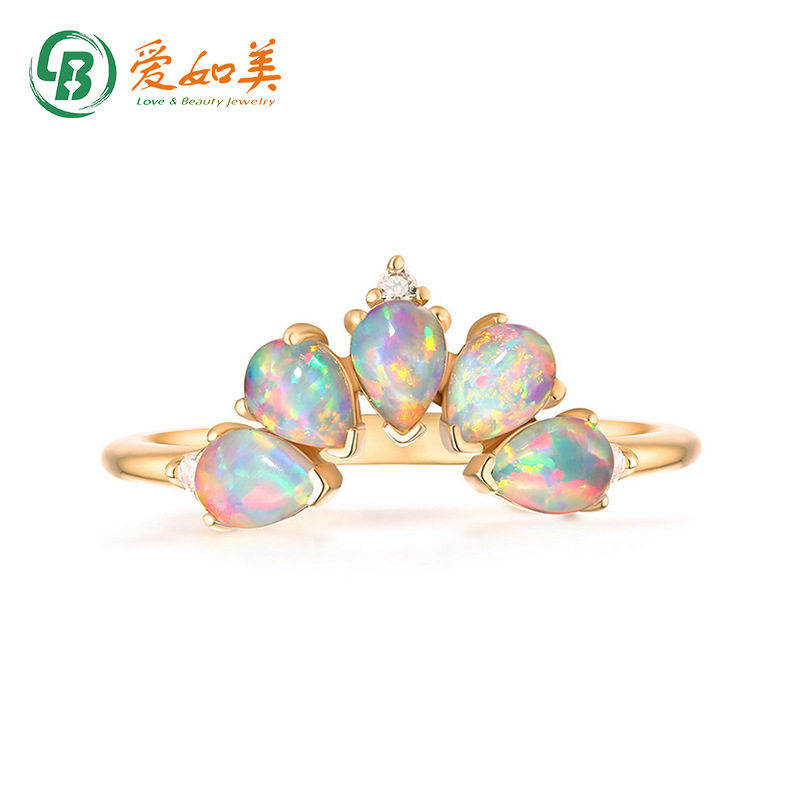 风时尚潮流人造欧泊白锆花瓣造型S925银镀18金开口戒可组合指环女