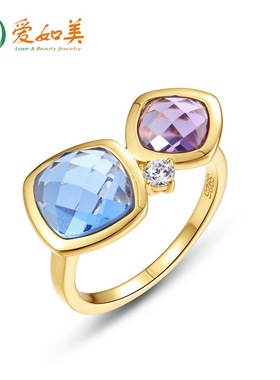 简约轻奢风合成水晶双石戒指小众S925银渡18K金PT950铂金戒指开口