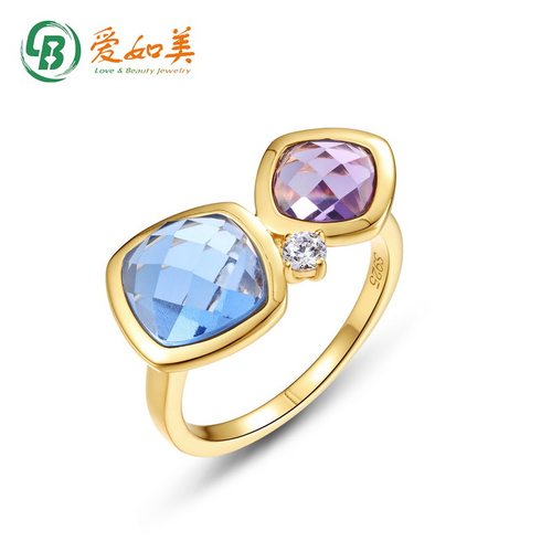 简约轻奢风合成水晶双石戒指小众S925银渡18K金PT950铂金戒指开口