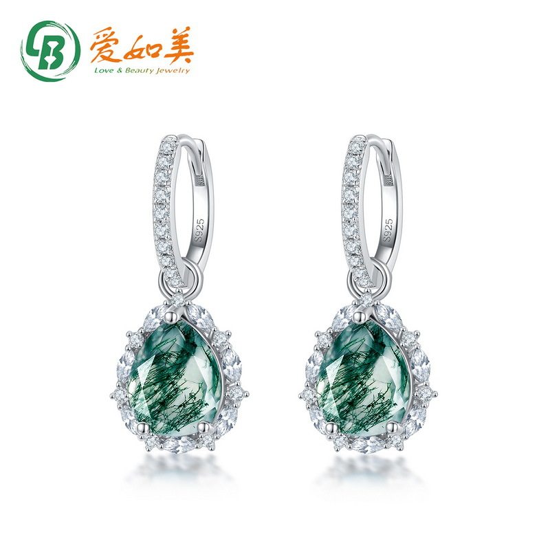 新款绿苔藓耳环女时尚个性S925银渡18K金PT950铂金水草玛瑙耳坠