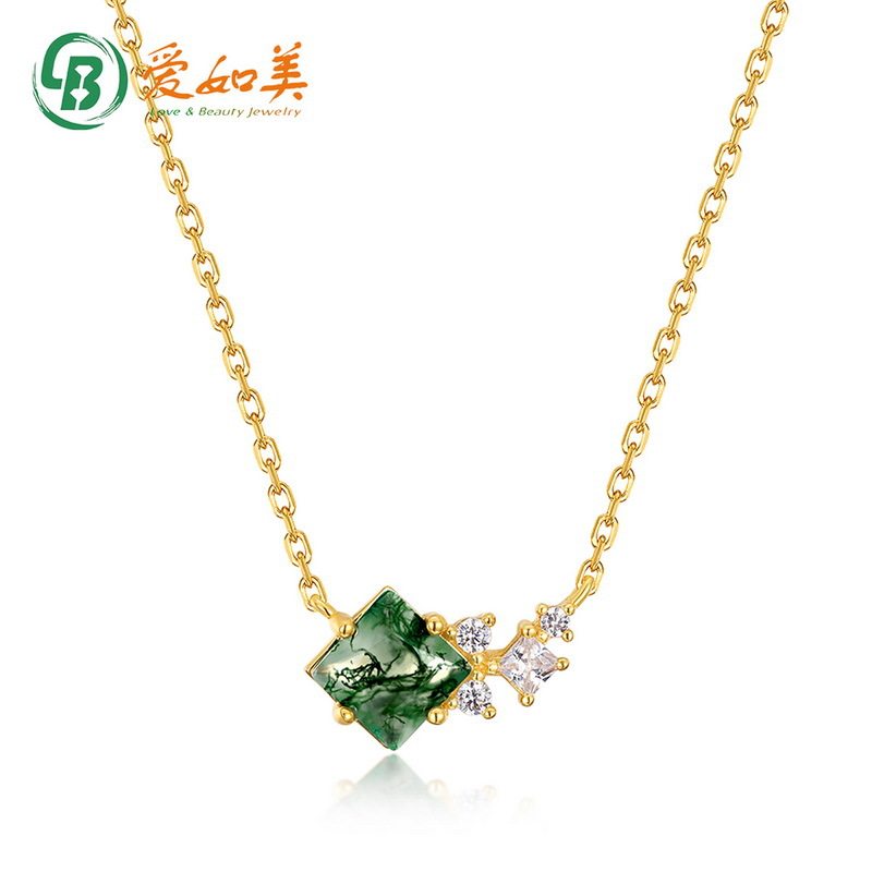 新款轻奢几何绿苔藓项链个性潮流S925银渡18K金PT950铂金时尚项链