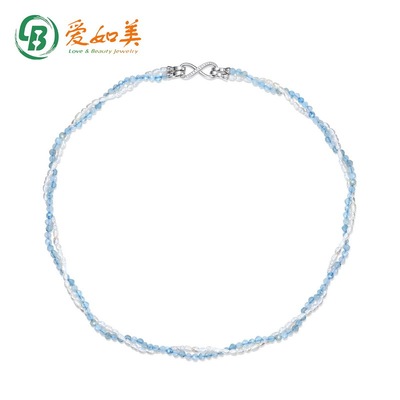 S925银渡18K金PT950铂金新天然海蓝宝配小米珠串珠双层链锁骨链