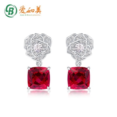 个性轻奢S925银渡18K金PT950铂金镶嵌培育红宝耳坠风玫瑰花朵耳钉