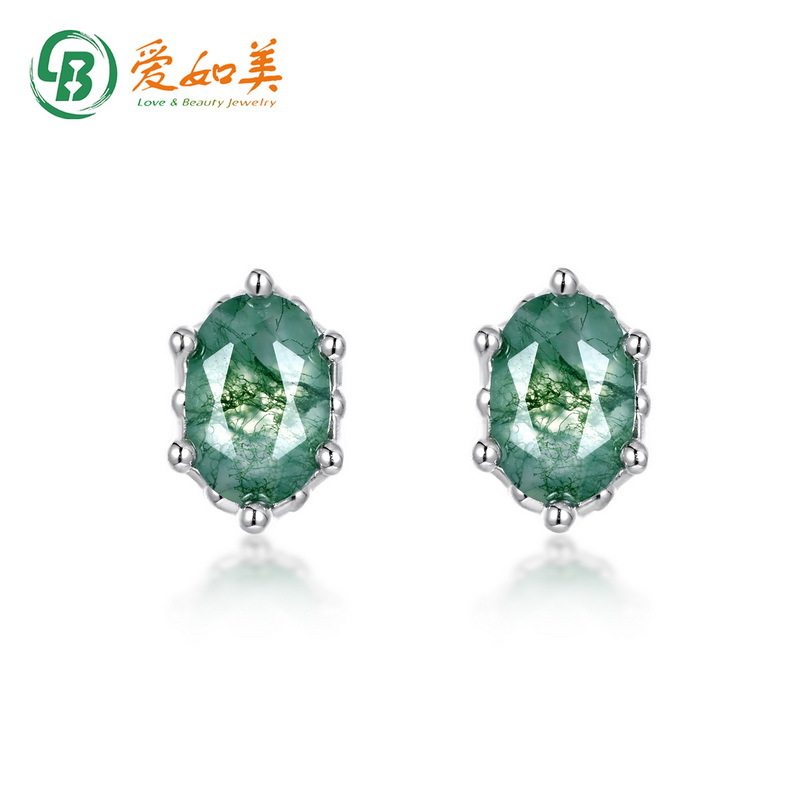 几何蛋形天然水草玛瑙耳钉女S925银渡18K金PT950铂金度真金绿耳饰
