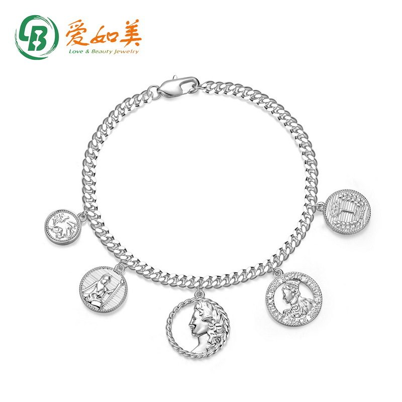S925银渡18K金PT950铂金复古浮雕头像手链铜镀亮银手链女侧身链