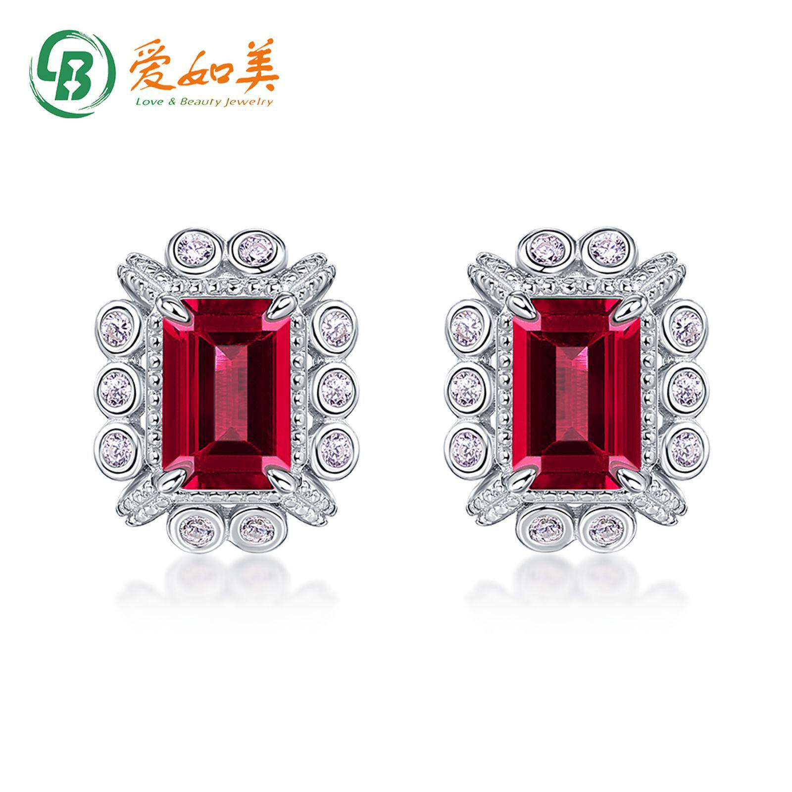 鸽血红红宝石复古耳环轻奢高级S925银渡18K金PT950铂金镶钻耳钉女