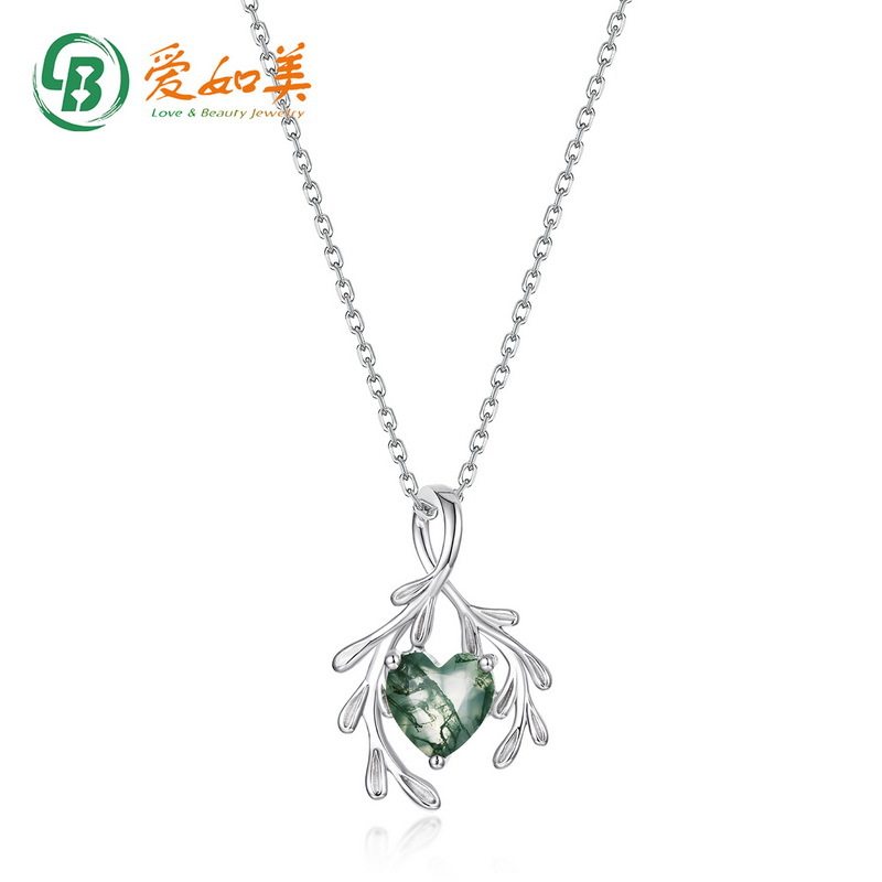 轻奢心形水草玛瑙石项坠潮流S925银渡18K金PT950铂金绿苔藓吊坠