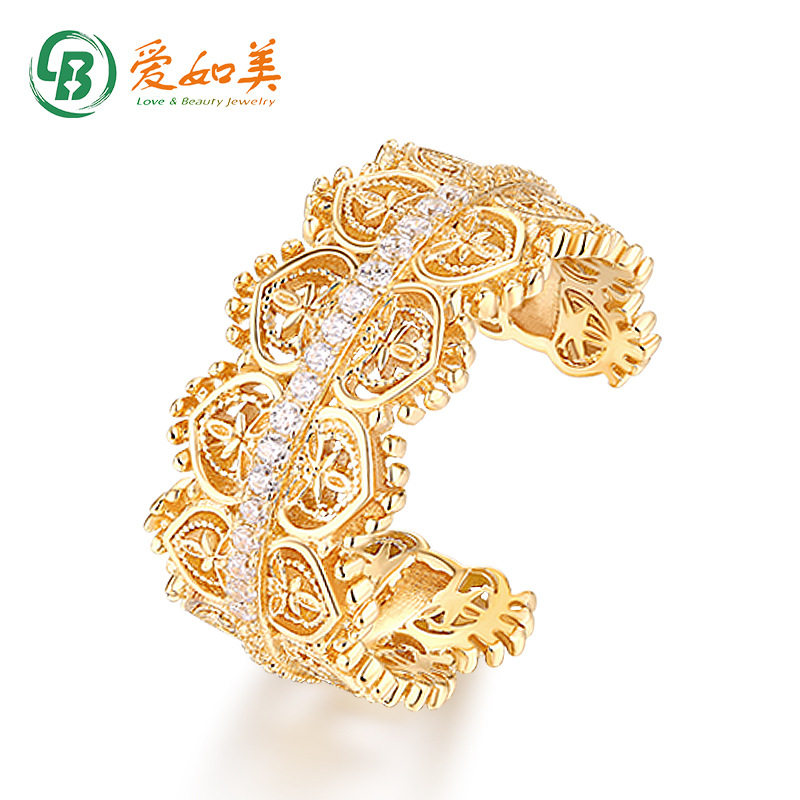 S925银渡18K金PT950铂金欧式心形编织花边戒指女清新淑女花卉指环