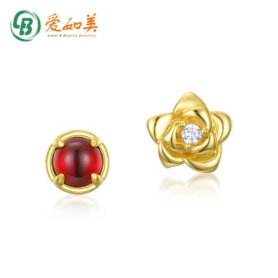 日韩温婉风玫瑰花耳钉女小巧精致S925银渡18K金PT950铂金镶红石榴