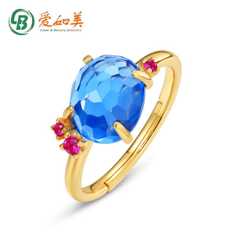 蓝水晶S925银渡18K金PT950铂金戒指女高级感精致红刚玉彩宝石指戒
