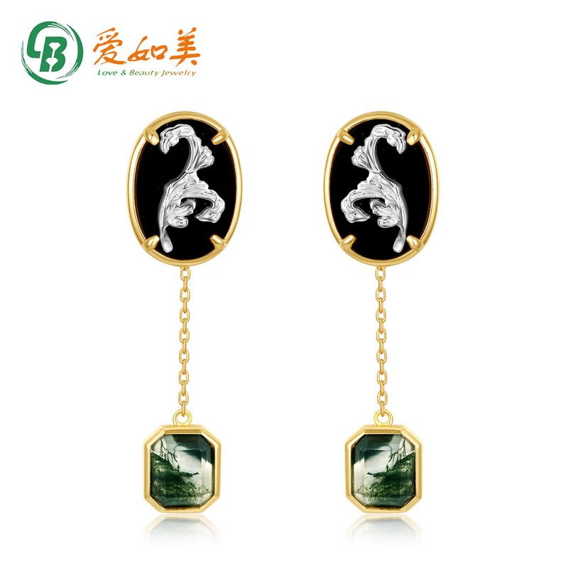 橄榄花浮雕黑玛瑙耳钉S925银渡18K金PT950铂金镶绿苔藓长款耳环女