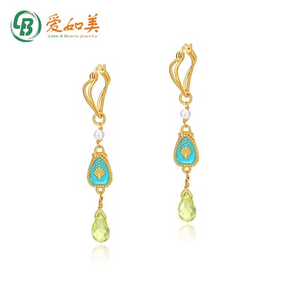 新款时尚个性橄榄石耳环冷珐琅S925银渡18K金PT950铂金长款耳环