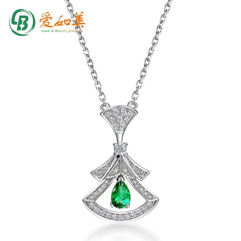 新款轻奢气质S925银渡18K金PT950铂金培育祖母绿裙子项链女锁骨链
