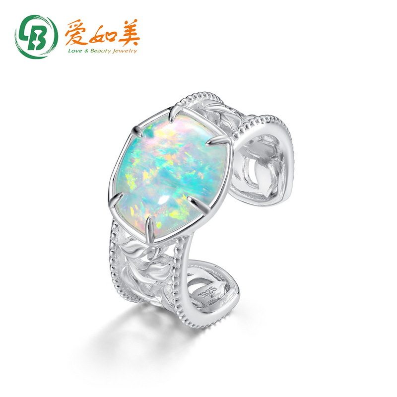 日韩风简约几何欧泊戒指女S925银渡18K金PT950铂金戒指开口指环