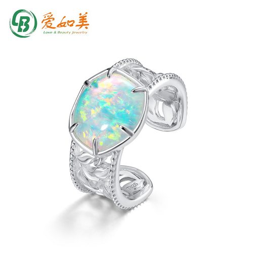 日韩风简约几何欧泊戒指女S925银渡18K金PT950铂金戒指开口指环