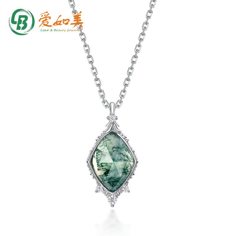 新款简约几何绿苔藓吊坠锁骨链高级S925银渡18K金PT950铂金项链女