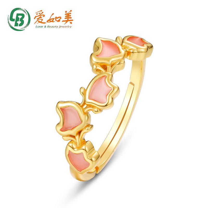 丁香花卉粉色S925银渡18K金PT950铂金戒指女空窗珐琅小花造型指环
